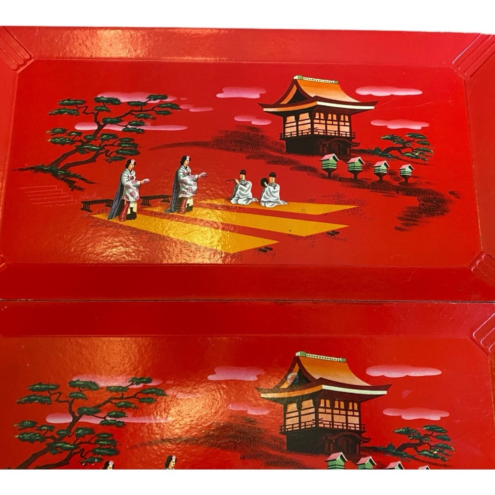 Vintage Hasko Deluxe Lap Trays Red Asian Pagoda Scene MCM Set of 4